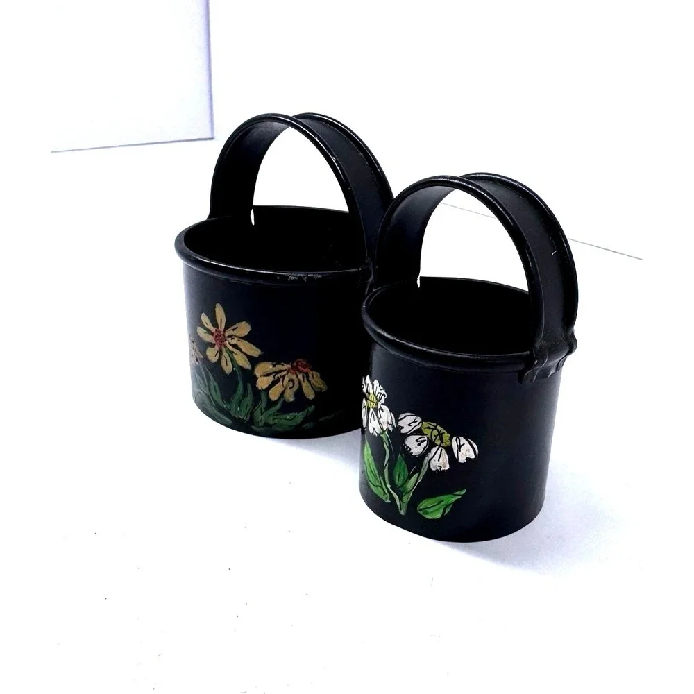 Vintage Hand‎ Painted Mini Tin Pails Buckets Floral Black Toleware Set of 2
